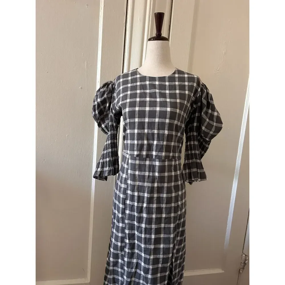 Nary Resort Gray‎ Plaid Puff Sleeve Dress Tie Back Slit | L - Picture 2 of 6